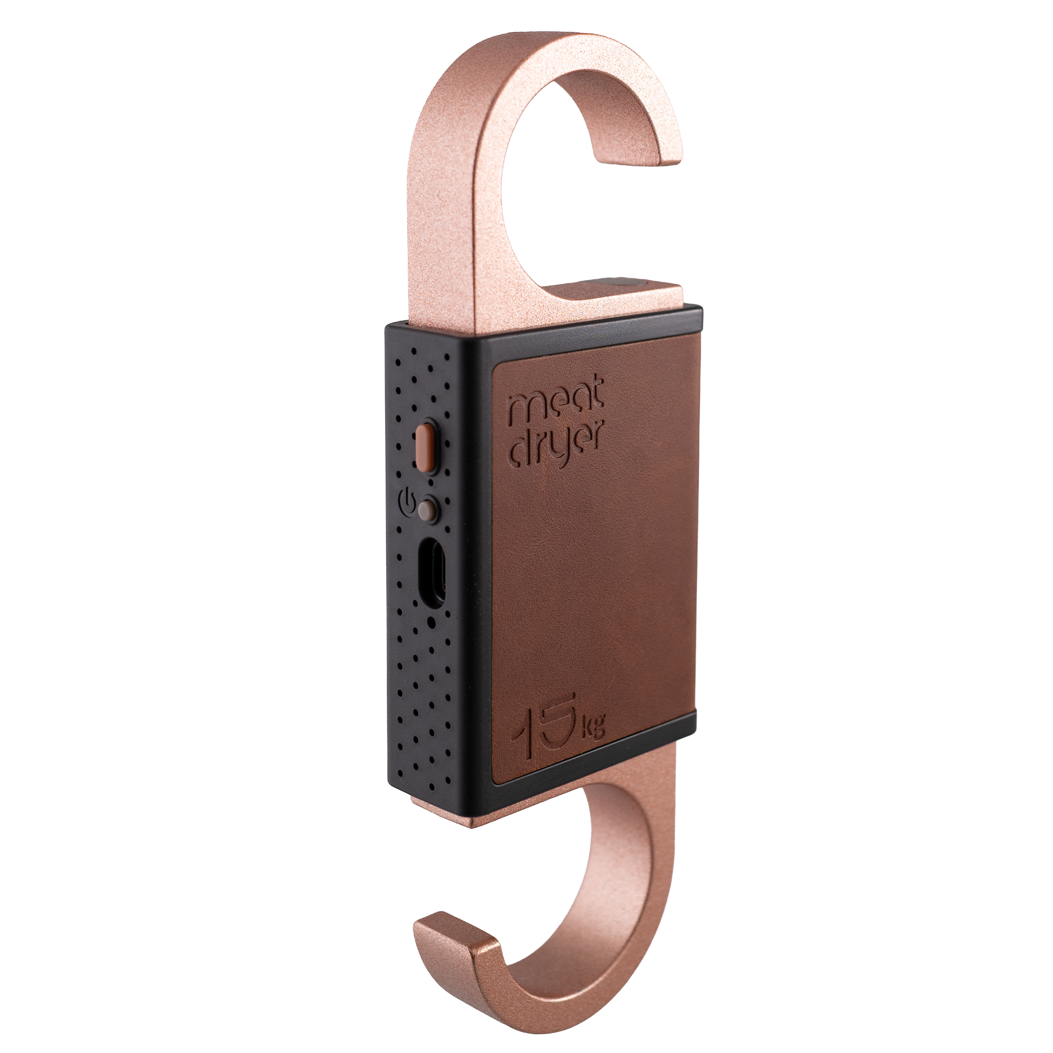 Meat dryer with copper hook and matching brown sleeve and buttons