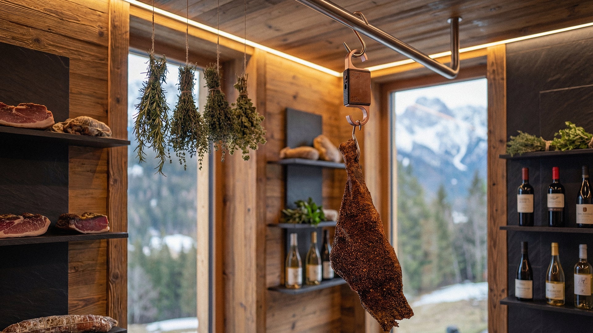 Wooden interior with hanging cured meats, shelves with wine bottles, and a mountain view. Meatdryer artisan with speck ham leg