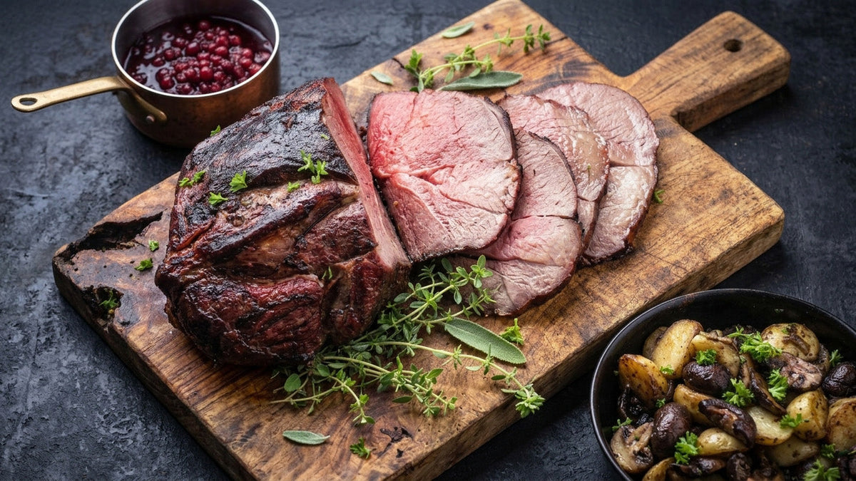 Tjälknöl — a whole dark-crusted roast part-carved into rosy slices on a wooden board, with lingonberry sauce, thyme and sage.