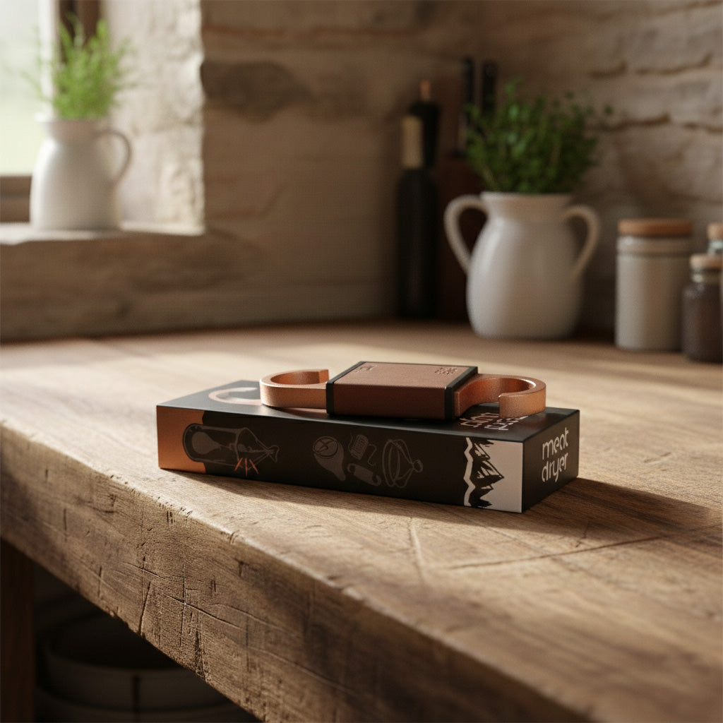 Meatdryer meat scale, temperature and humidity meter on a wooden surface with packaging