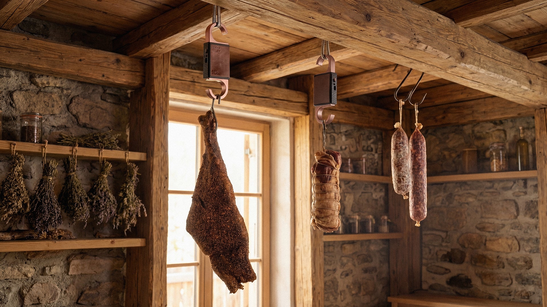 Hanging cured meats in a rustic stone-walled country kitchen, with salami and herbs