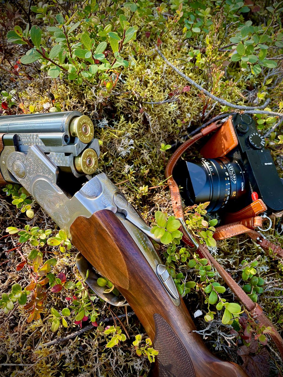 Wooden shotgun from Beretta with Leica camera and ammunition on a grassy background