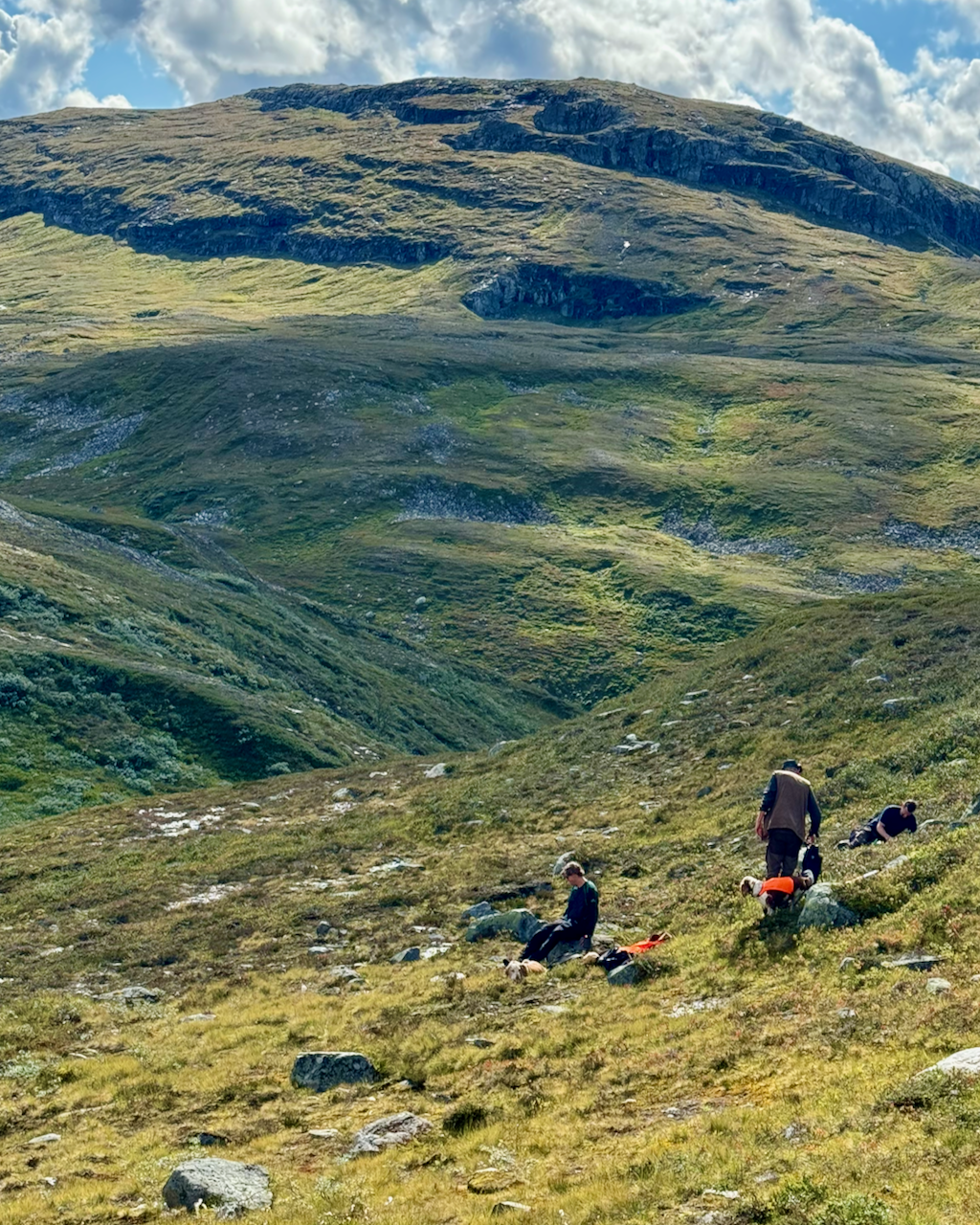 Three people sitting on a grassy hillside with mountains in the background